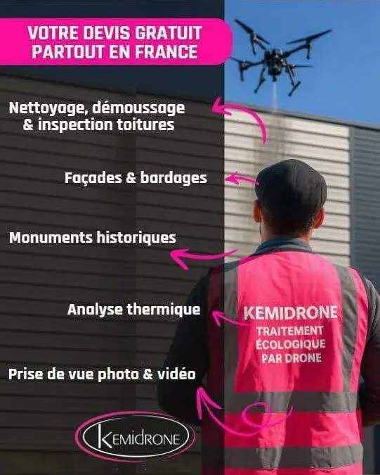 Drone équipé caméra HD et capteurs thermiques inspectant toiture et façade pour diagnostic préventif et maintenance planifiée des bâtiments en Essonne (91).