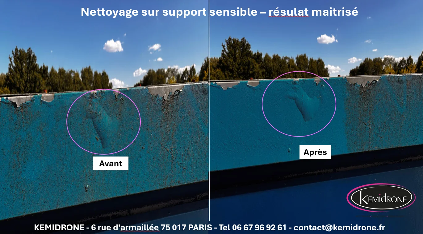 Comparaison avant et après du nettoyage d’une surface métallique peinte